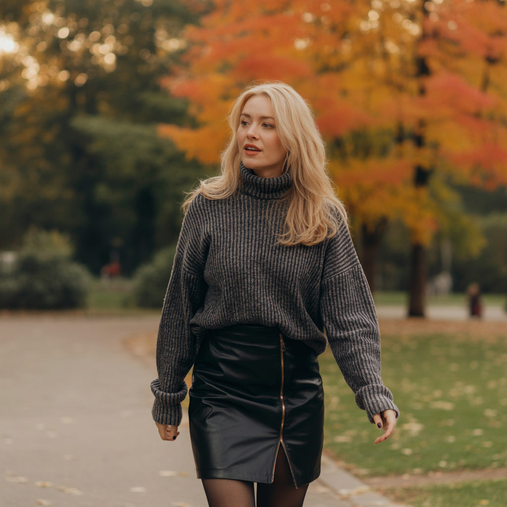 Leather Skirt with Turtleneck