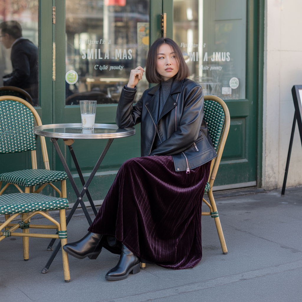 Maxi Skirt with Leather Jacket