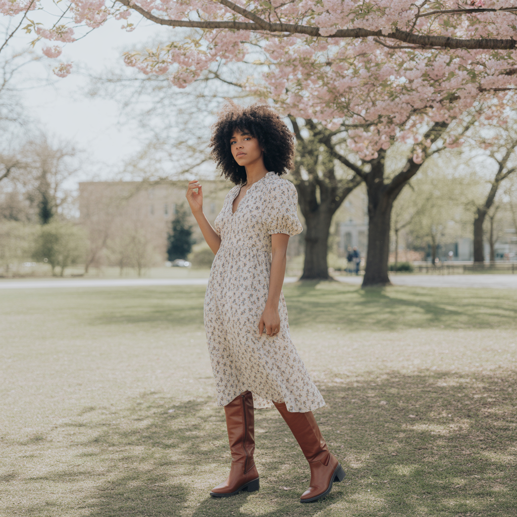 Midi Dress with Knee-High Boots