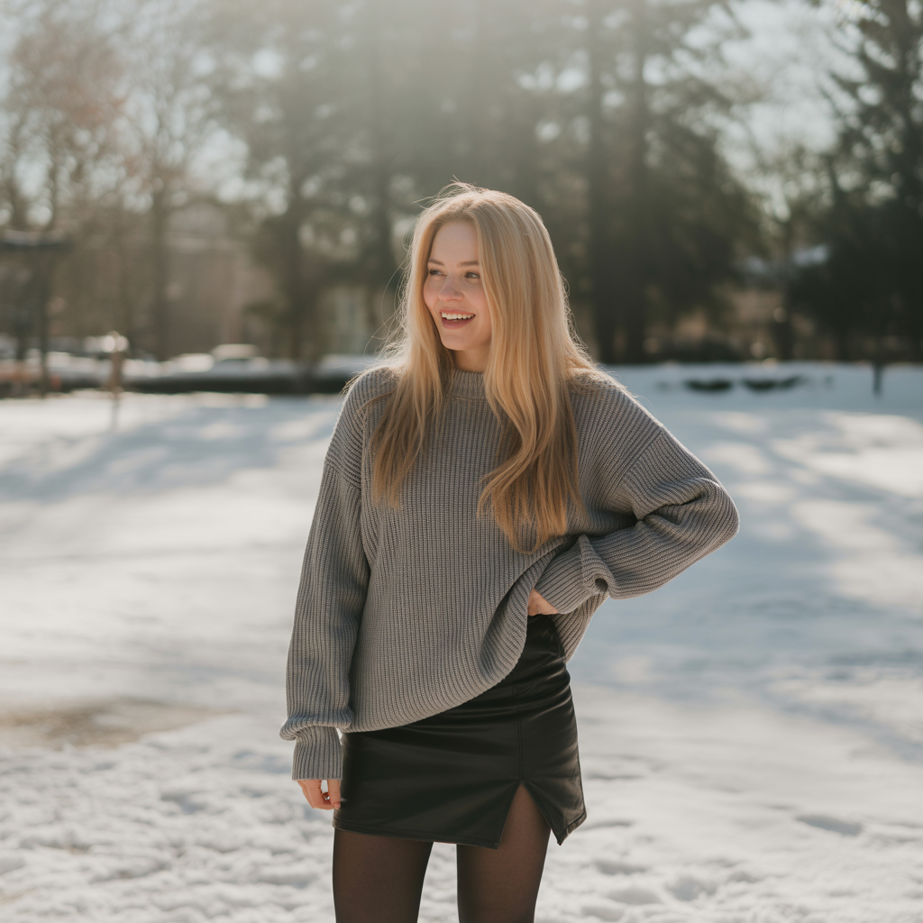 20 Best Cute Winter Skirt Outfits to Stay Warm & Stylish 1 Mini Skirt with Oversized Sweater and Tights