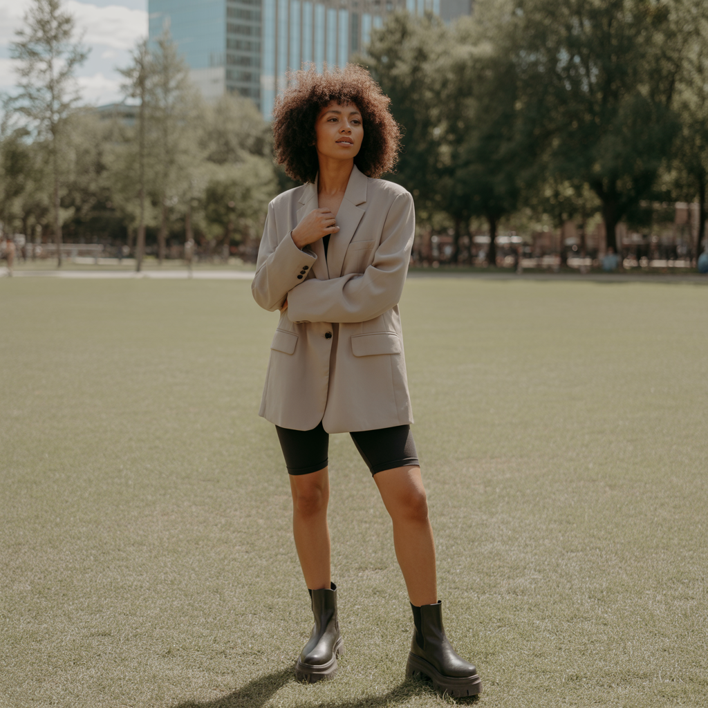 Oversized Blazer with Bike Shorts and Boots