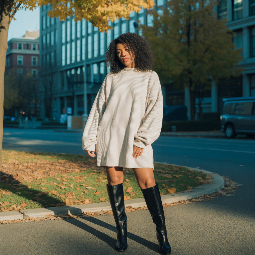 Oversized Sweater Dress with Knee-High Boots
