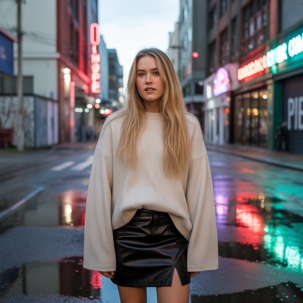 18 Best Classy Fall Outfits to Elevate Your Autumn Style 13 Oversized Sweater with Leather Skirt