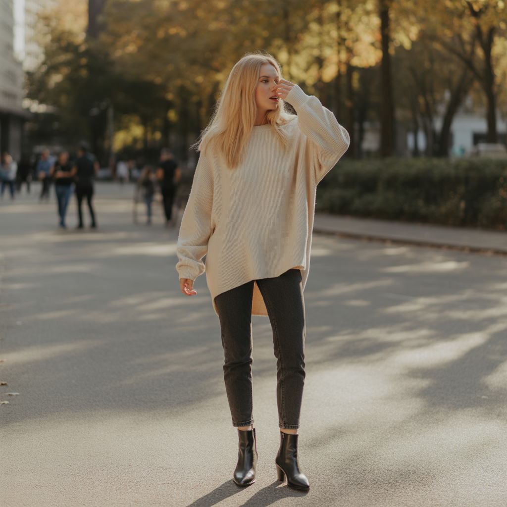 Oversized Sweater with Skinny Jeans and Ankle Boots
