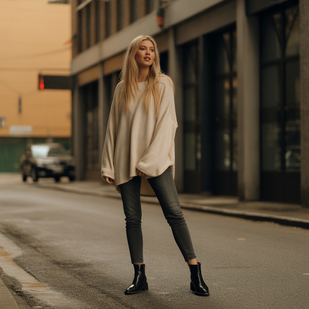 Oversized Sweater with Skinny Jeans and Ankle Boots
