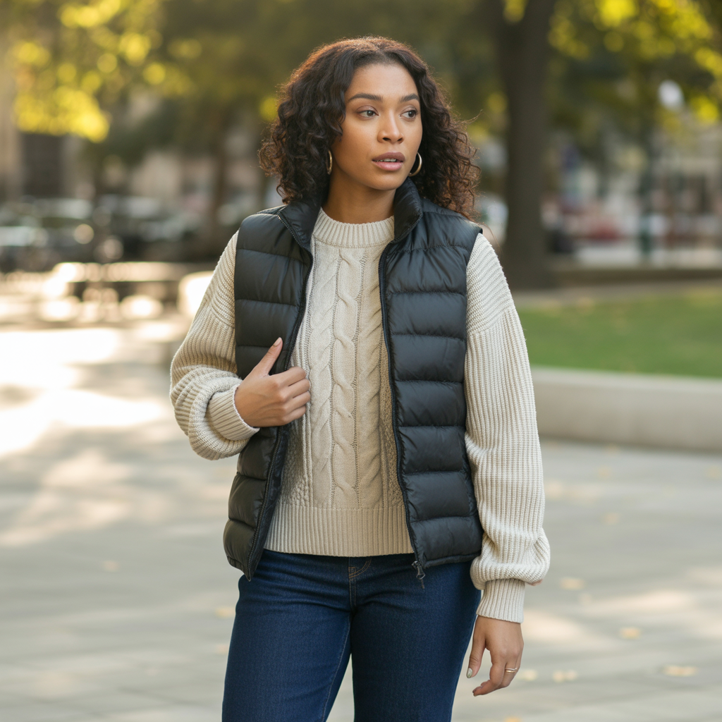 Padded Vest with Sweater and Jeans