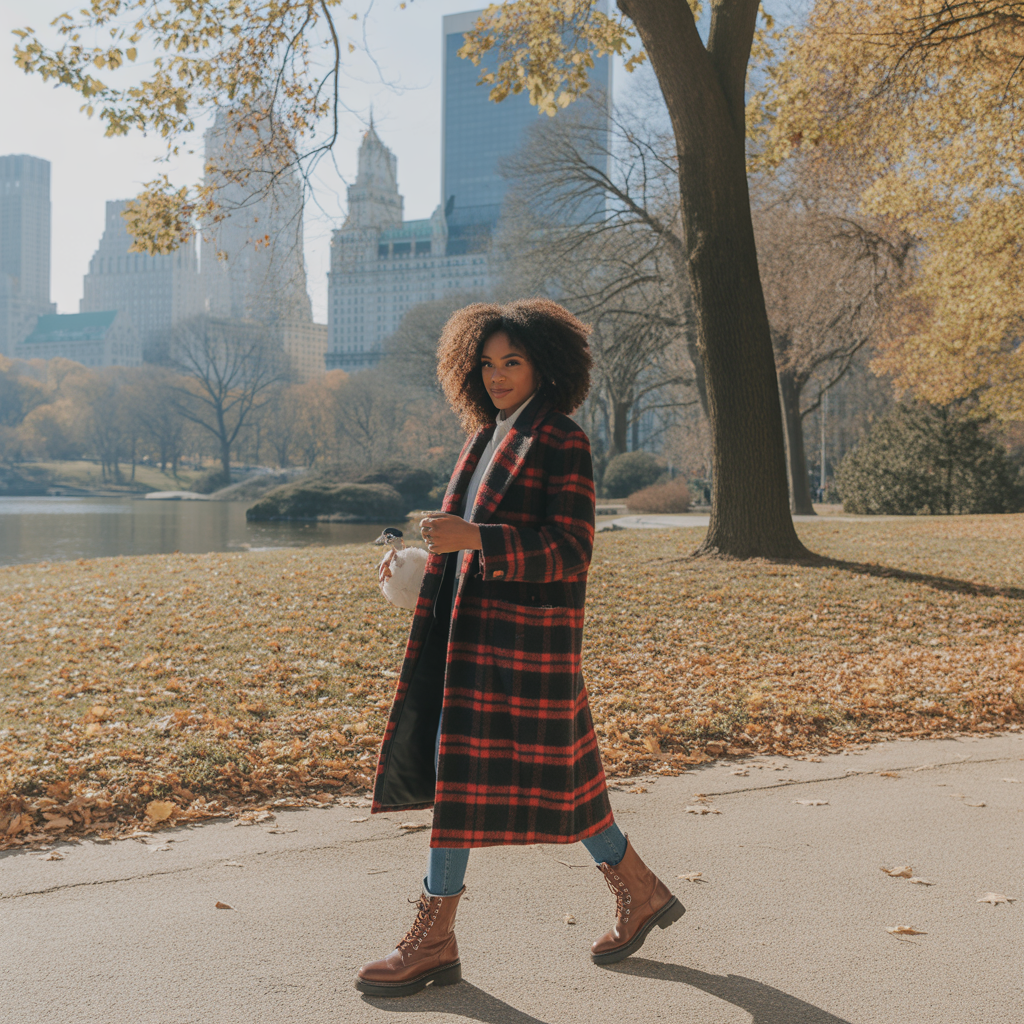 Plaid Coat and Leather Boots
