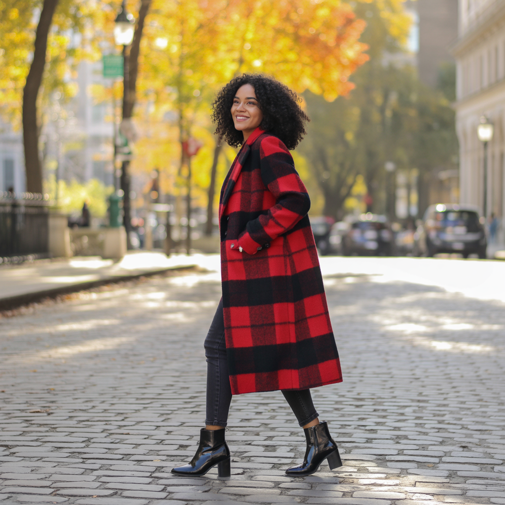 Plaid Coat with Ankle Boots