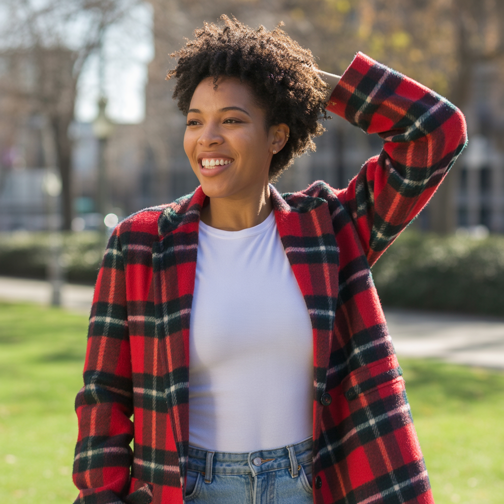 Plaid Coat with Basic Tee and Jeans