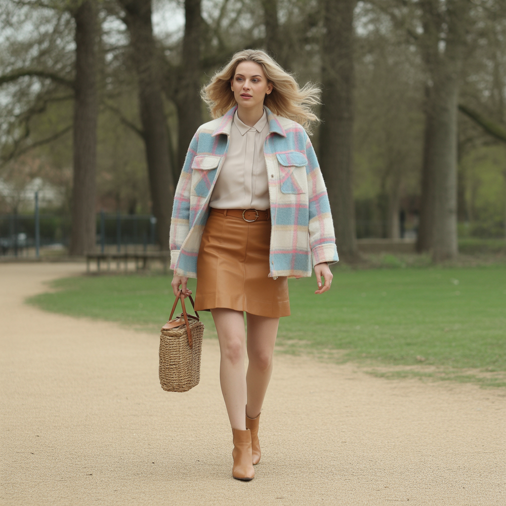 Plaid Shacket with Leather Skirt