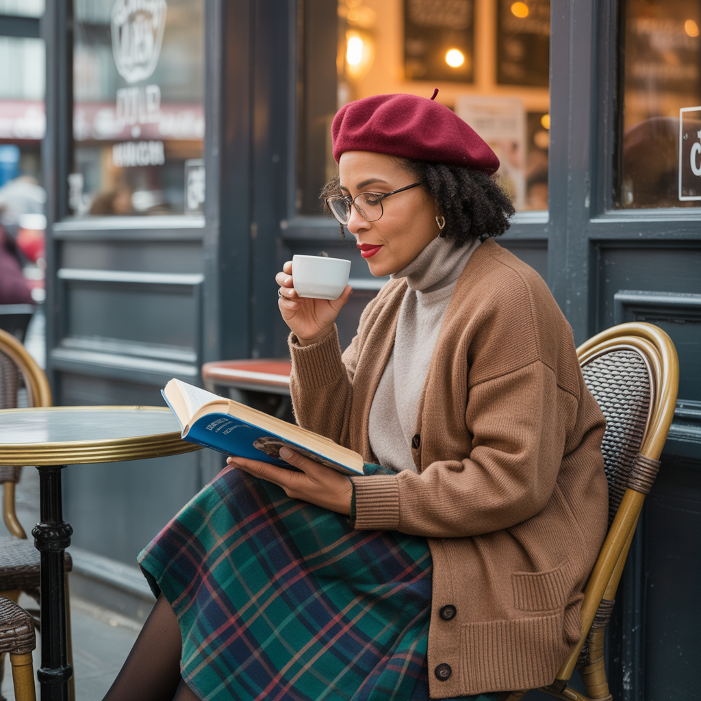 20 Best Cute Winter Skirt Outfits to Stay Warm & Stylish 6 Plaid Skirt with Cardigan and Beret