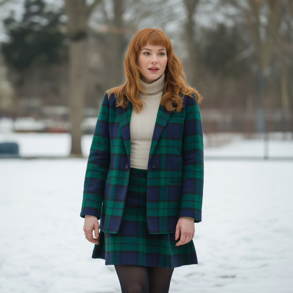 Plaid Skirt with Turtleneck and Tights