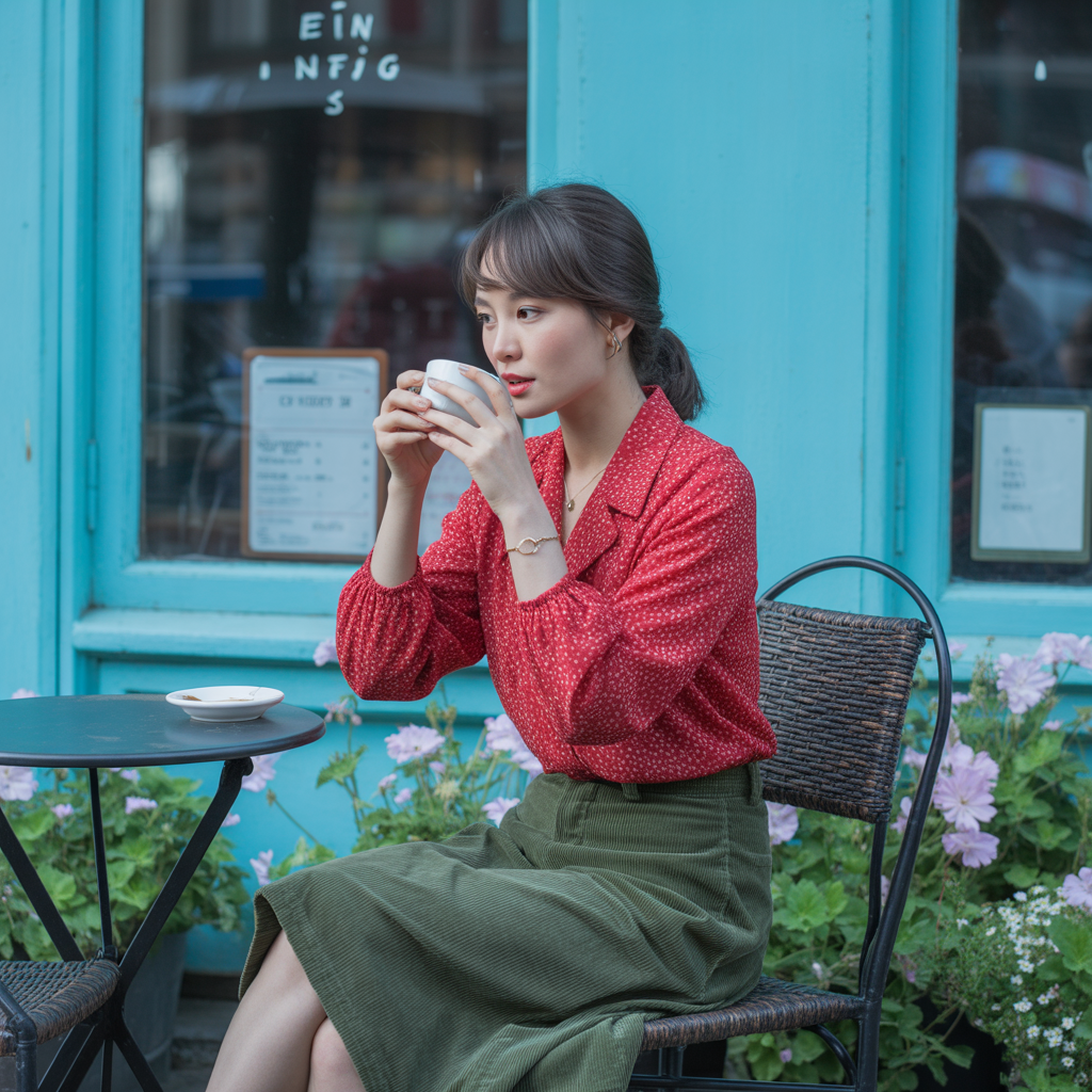 Polka Dot Blouse with Corduroy Skirt