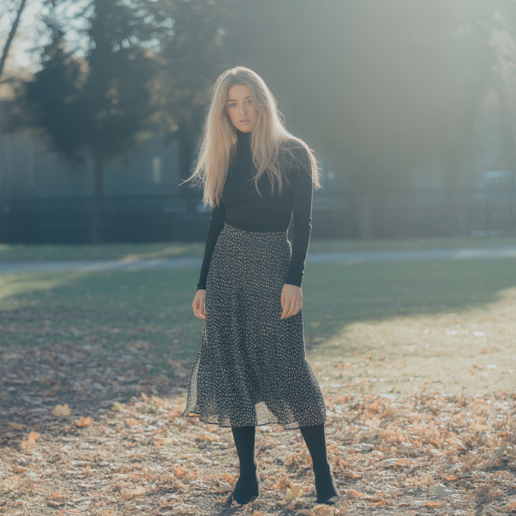 Printed Midi Skirt with Turtleneck