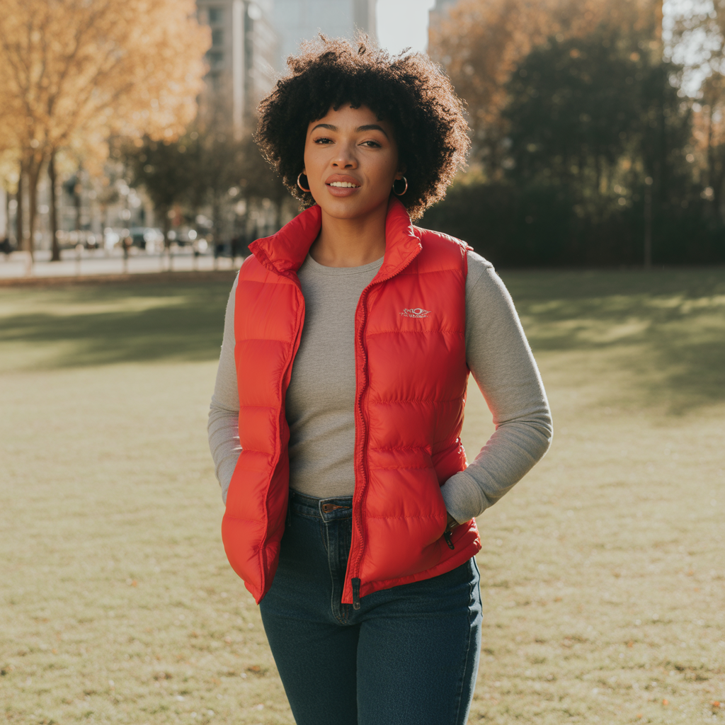 Puffer Vest with Long-Sleeve Tee and Jeans