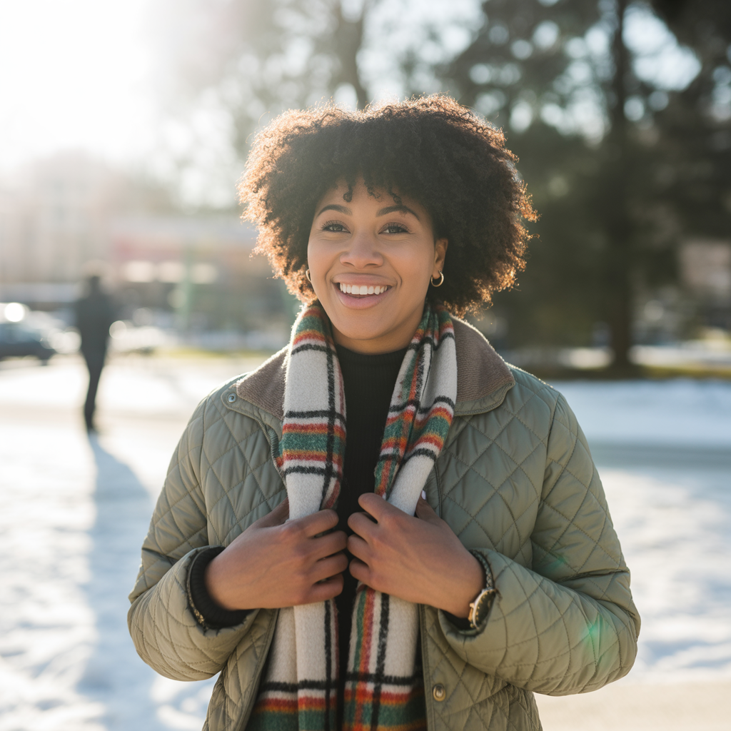 Quilted Jacket with Plaid Scarf