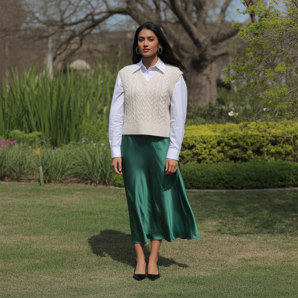 Satin Skirt with Sweater Vest