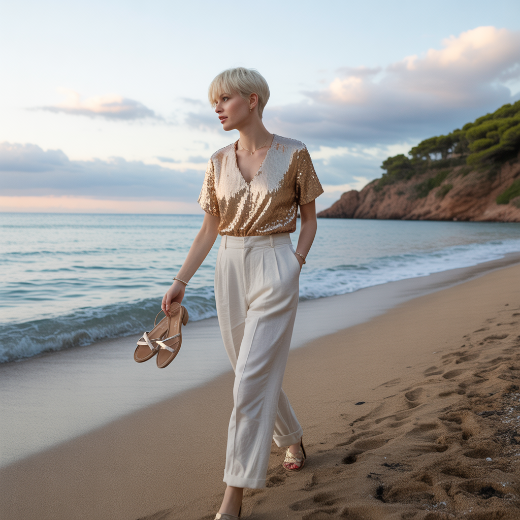 Sequin Top with High-Waisted Trousers