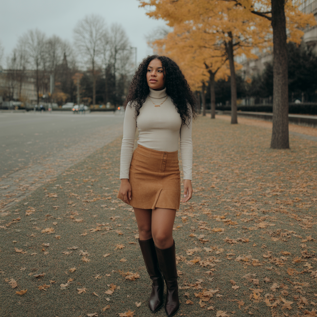 Suede Skirt with Knee-High Boots