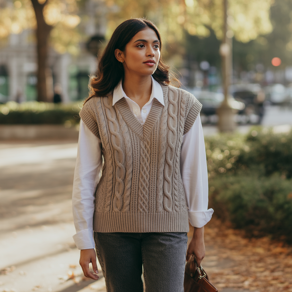 22 Best Mid Size Fall Outfits to Wear This Season 21 Sweater Vest over Button-Up Shirt