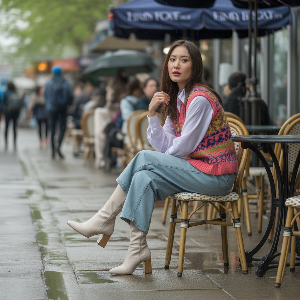 Sweater Vest with Knee-High Boots