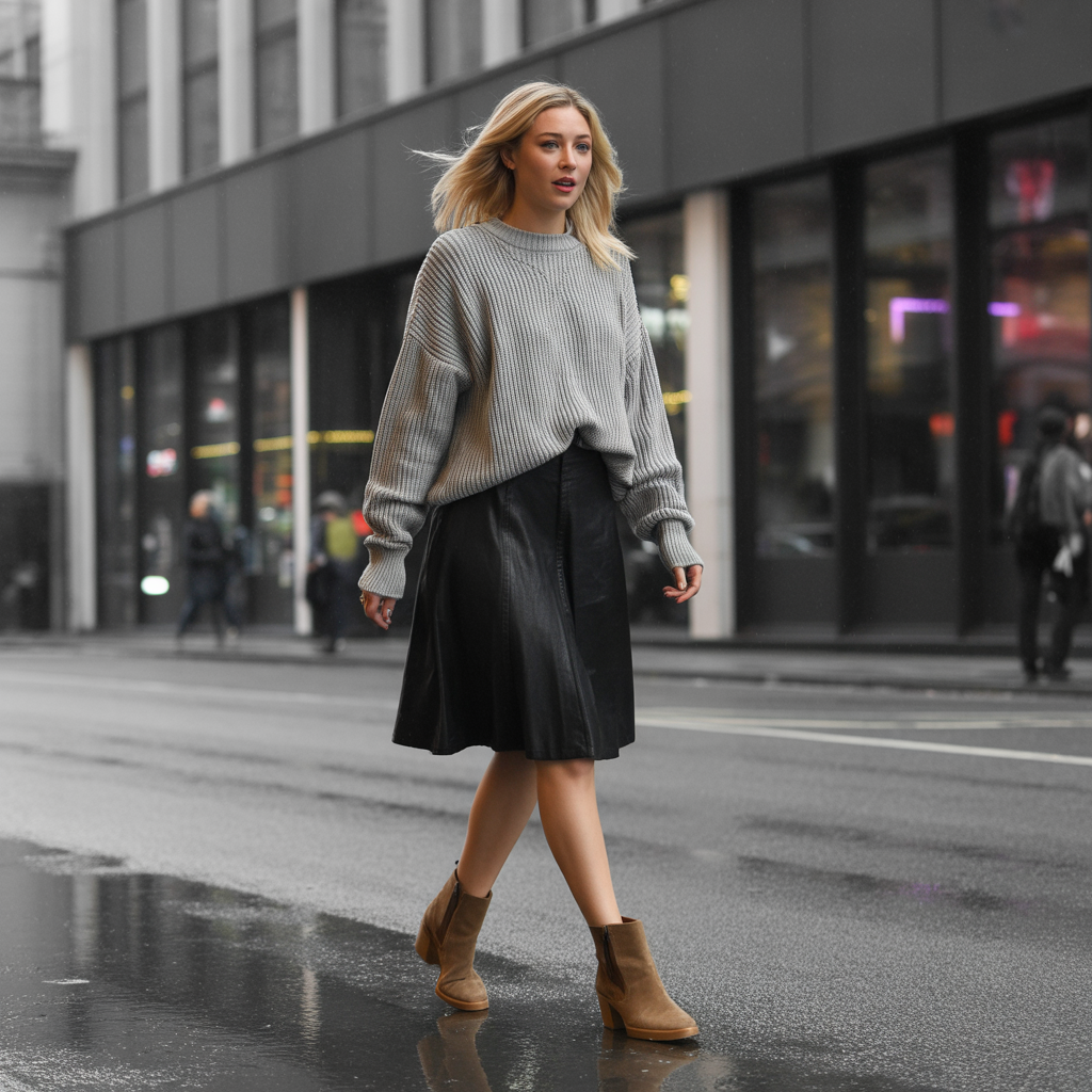 Sweater and Skirt Combo with Ankle Boots