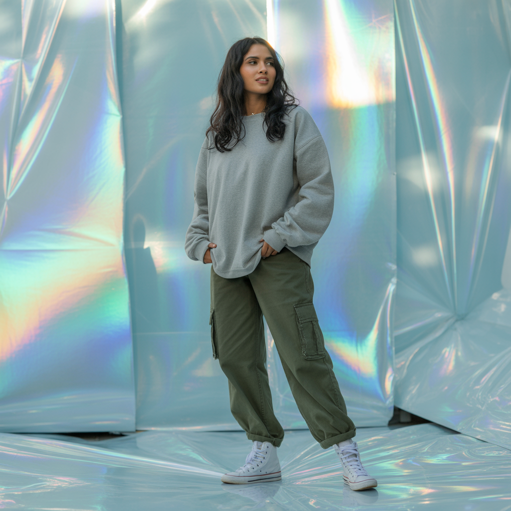 Sweatshirt and Cargo Pants with High-Top Sneakers