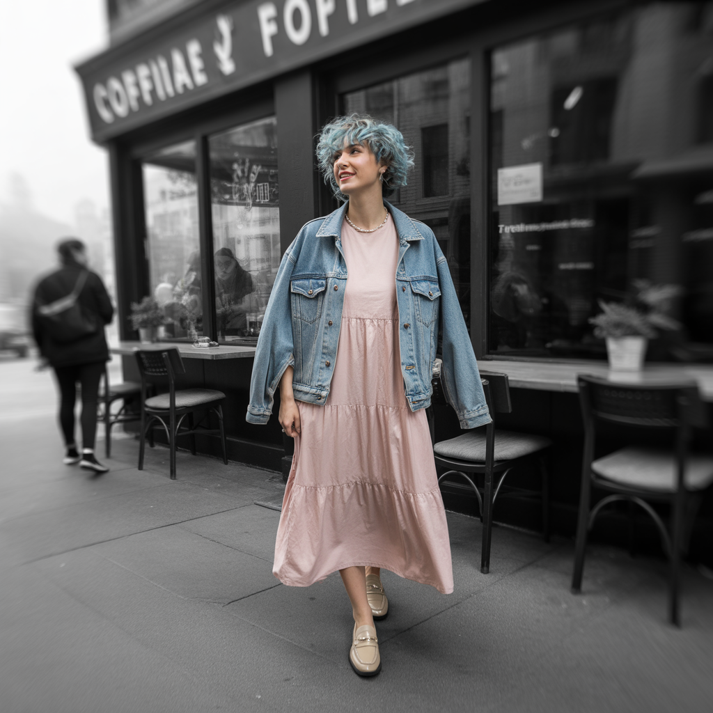 Tiered Dress with a Denim Jacket