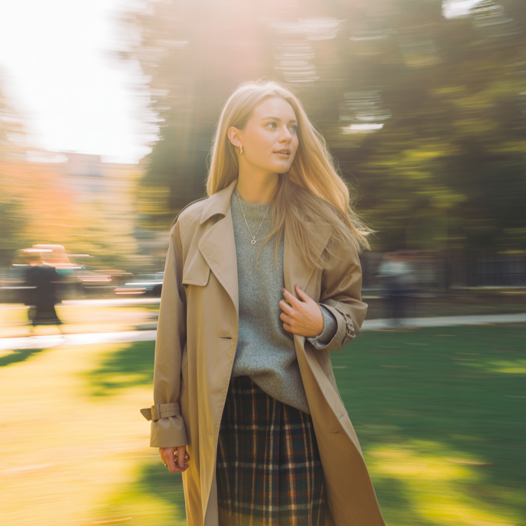 Trench Coat with Sweater and Skirt
