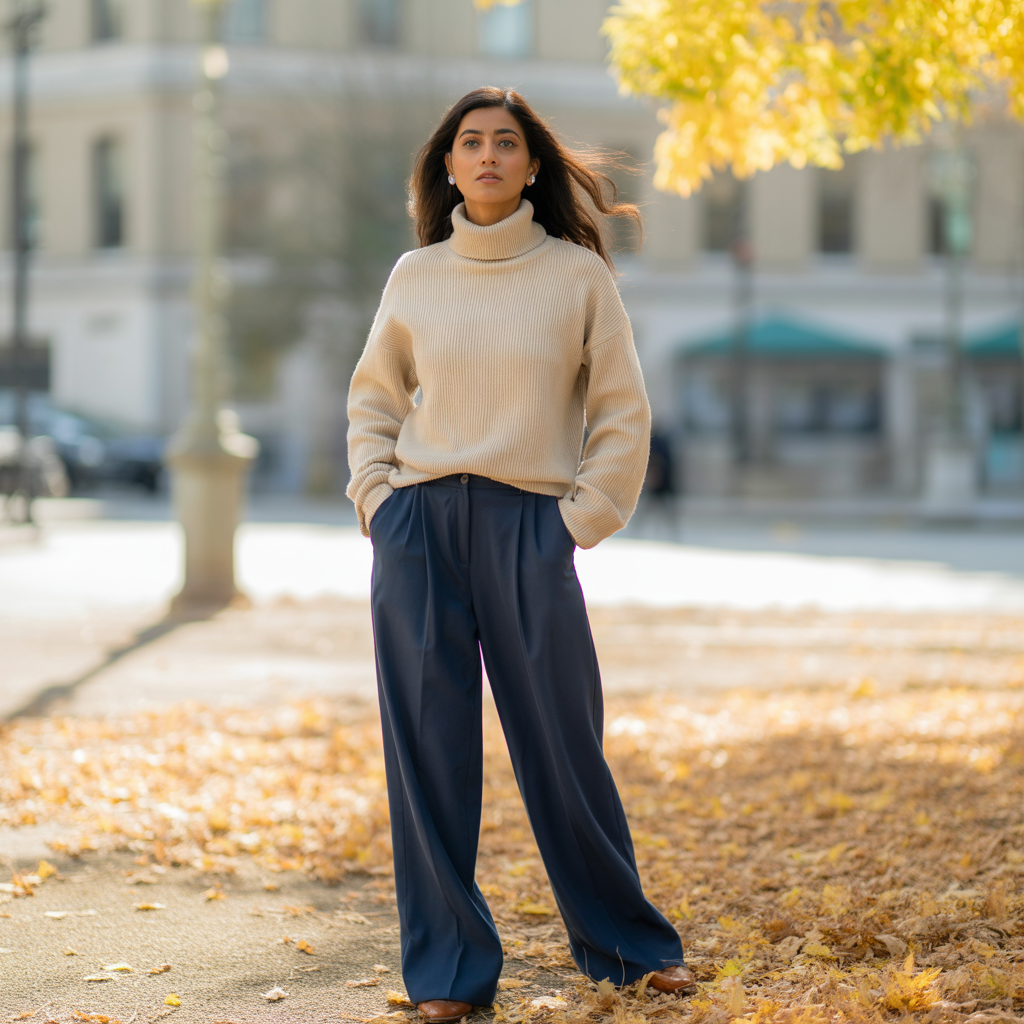 Turtleneck Sweater with Wide-Leg Trousers