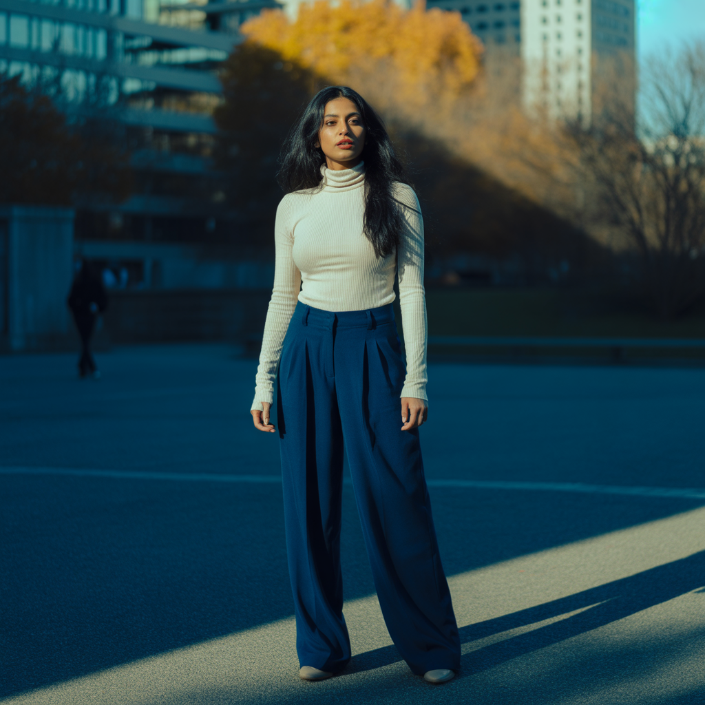 Turtleneck and Wide-Leg Trousers