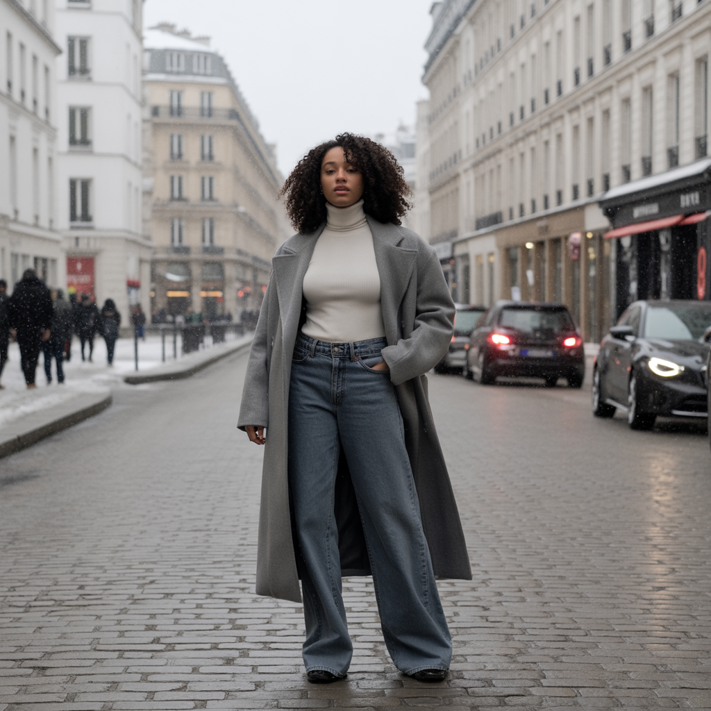 Turtleneck with Wide-Leg Jeans and Wool Coat