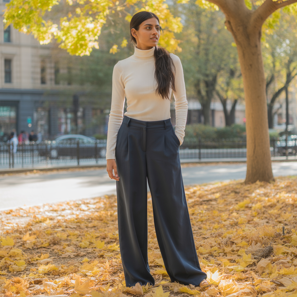 22 Best Mid Size Fall Outfits to Wear This Season 9 Turtleneck with Wide-Leg Trousers