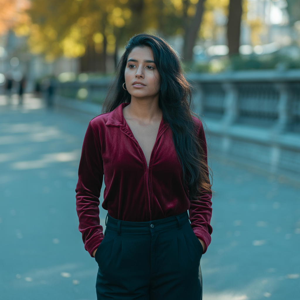 15 Best Cool Winter Outfits to Keep You Warm and Stylish 11 Velvet Top with High-Waisted Pants