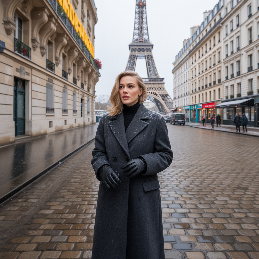 Wool Coat with Leather Gloves