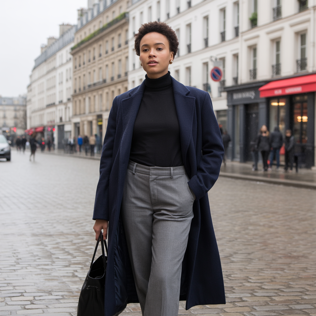 20 Best Chic Winter Work Outfits for a Polished Look 1 Wool Trousers with a Turtleneck and Long Coat