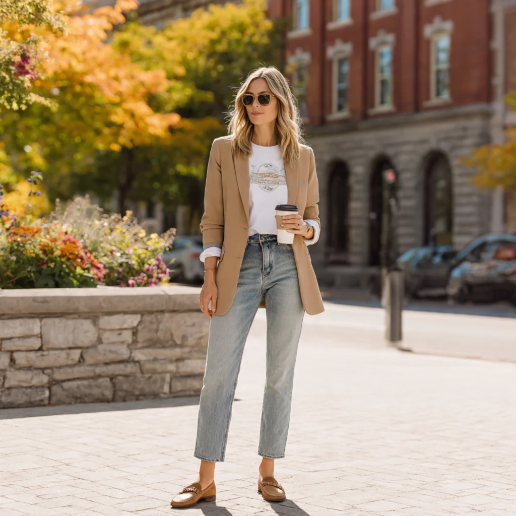 Blazer, Graphic Tee, Straight-Leg Jeans