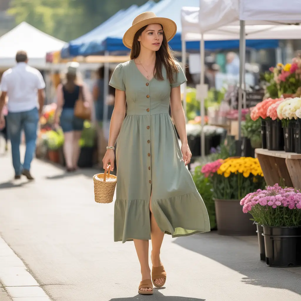 Button-Front Midi Dress with Straw Hat