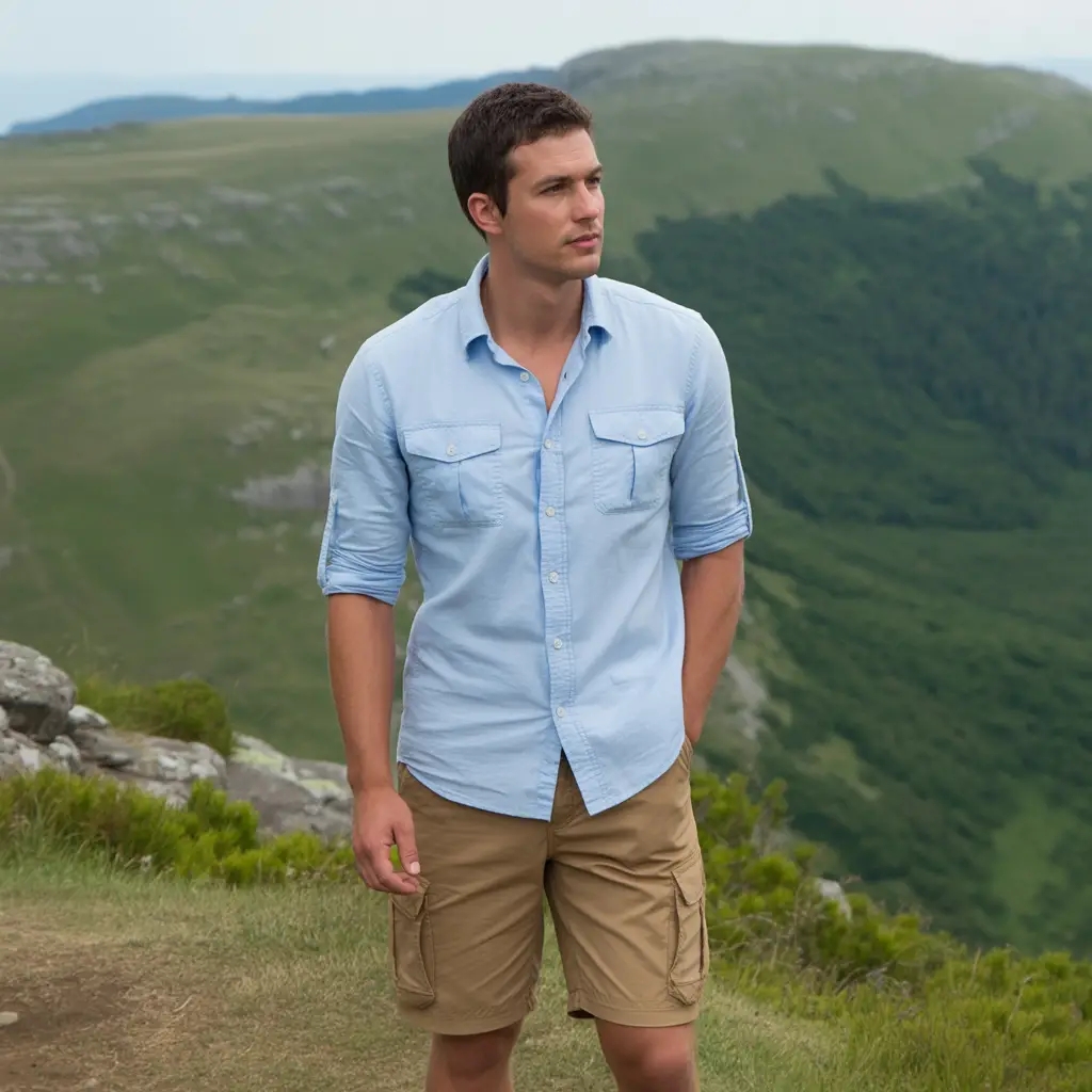 Button-Up Hiking Shirt with Roll-Up Sleeves and Cargo Shorts