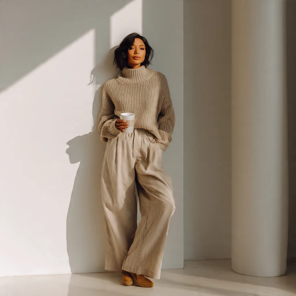 Chunky Knit Sweater with Wide-Leg Trousers