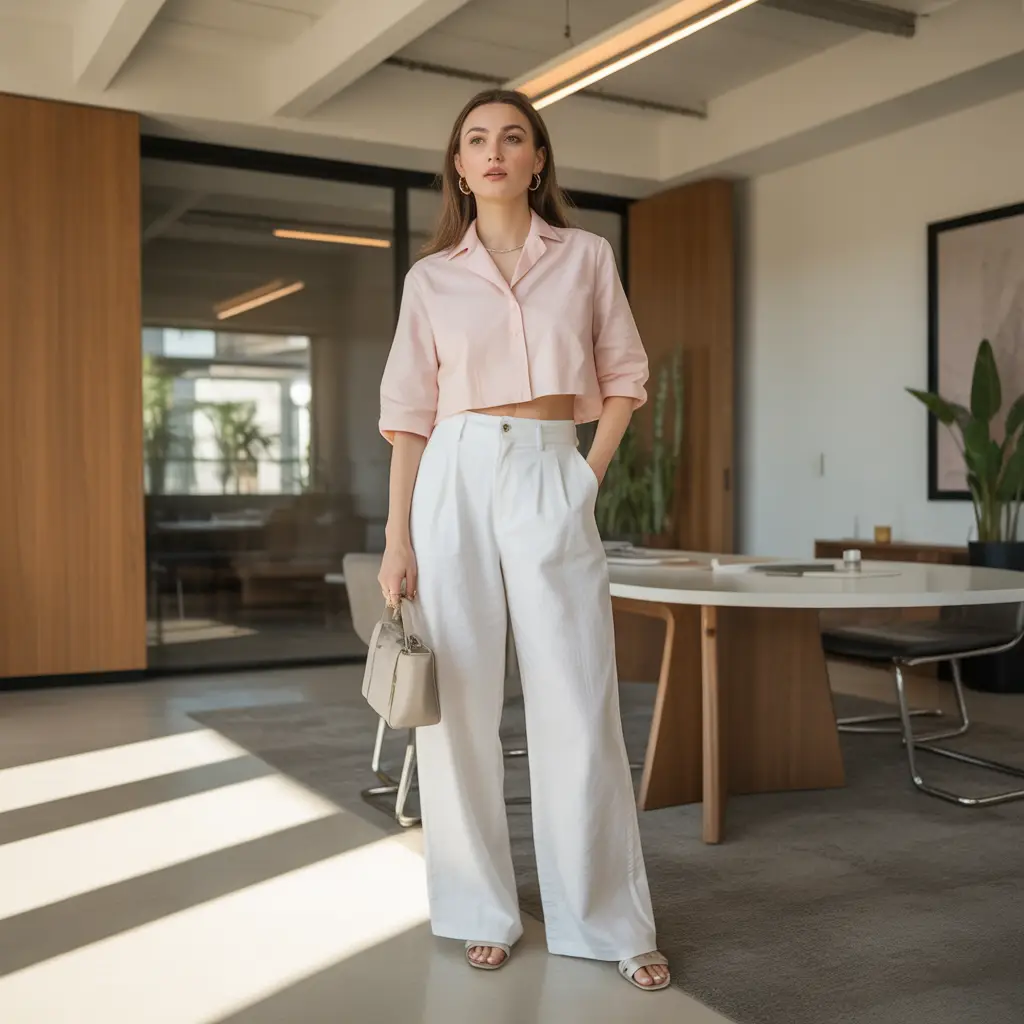 Cropped Blouse with Wide-Leg Trousers
