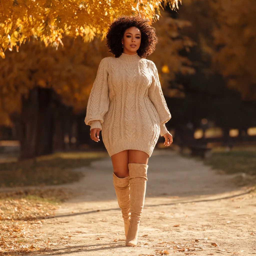 20 Best Curvy Fall Outfits to Rock This Season 20 Curvy Fall Outfits: Cable-Knit Sweater Dress and Over-the-Knee Boots