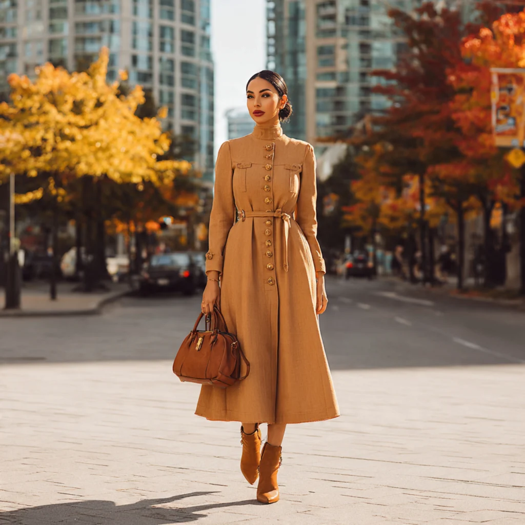 20 Best Curvy Fall Outfits to Rock This Season 21 Curvy Fall Outfits: Camel Coat Dress Hybrid