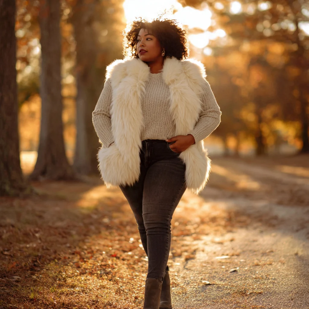 20 Best Curvy Fall Outfits to Rock This Season 16 Curvy Fall Outfits: Faux Fur Vest over Sweater