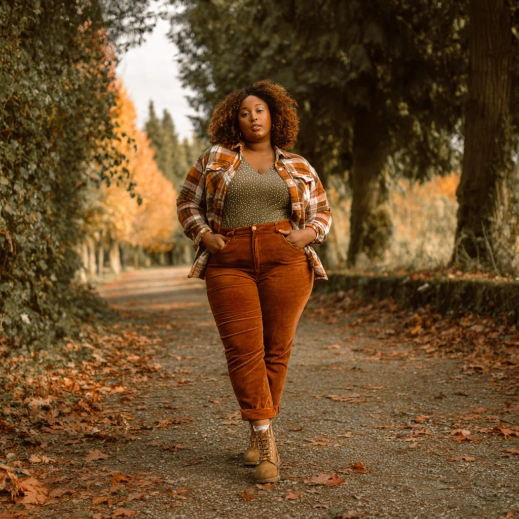 20 Best Curvy Fall Outfits to Rock This Season 15 Curvy Fall Outfits: Flannel Jacket and Skinny Corduroy