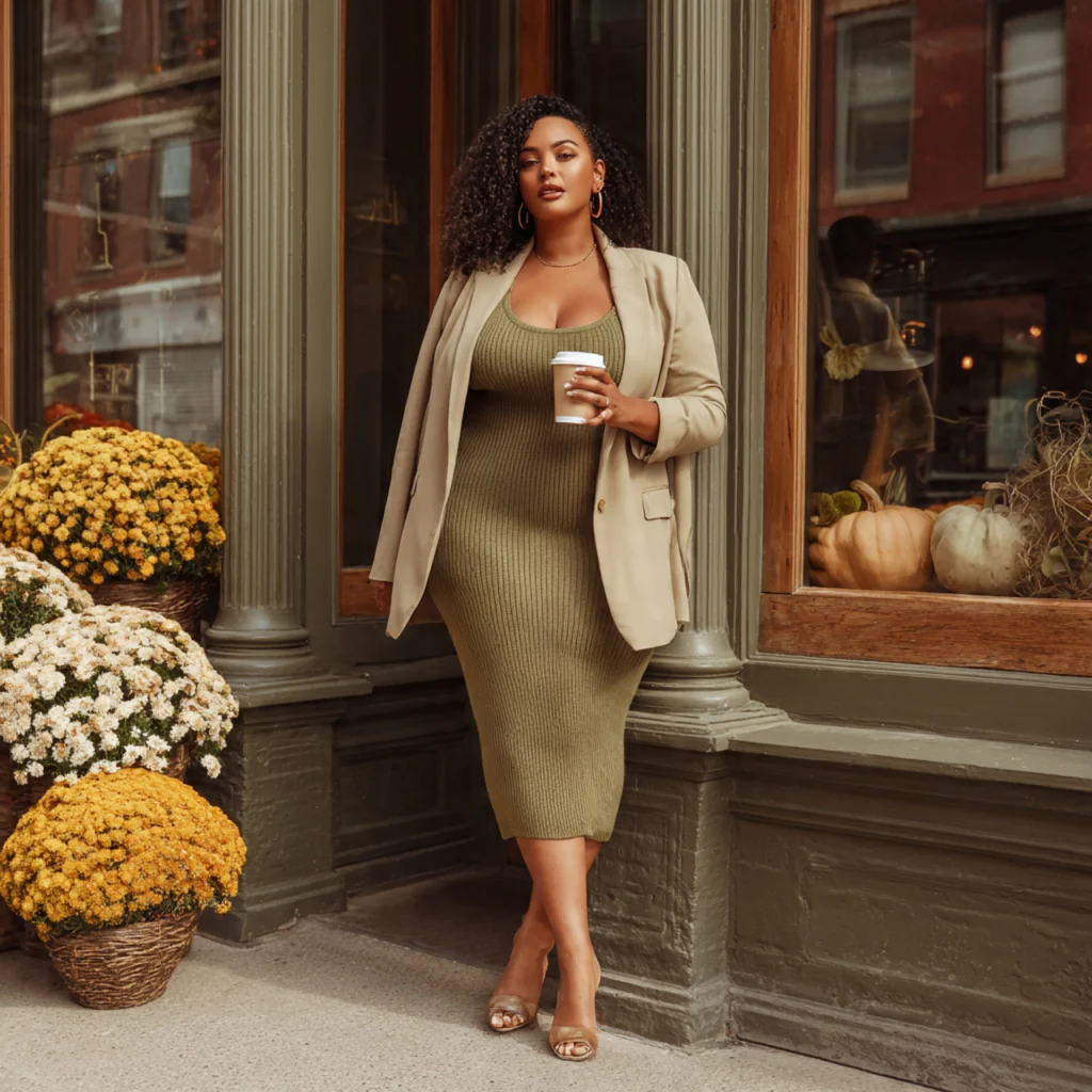 20 Best Curvy Fall Outfits to Rock This Season 13 Curvy Fall Outfits: Knit Dress with Blazer Layer
