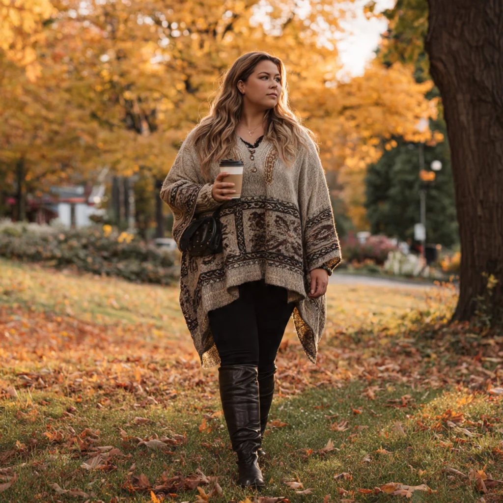 20 Best Curvy Fall Outfits to Rock This Season 18 Curvy Fall Outfits: Knit Poncho and Leggings