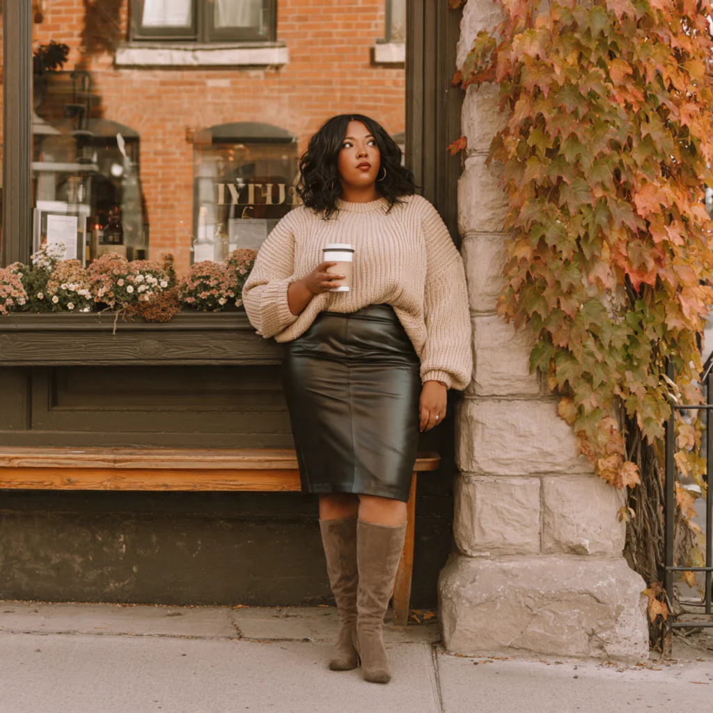 20 Best Curvy Fall Outfits to Rock This Season 6 Curvy Fall Outfits: Leather Skirt With Cozy Knit