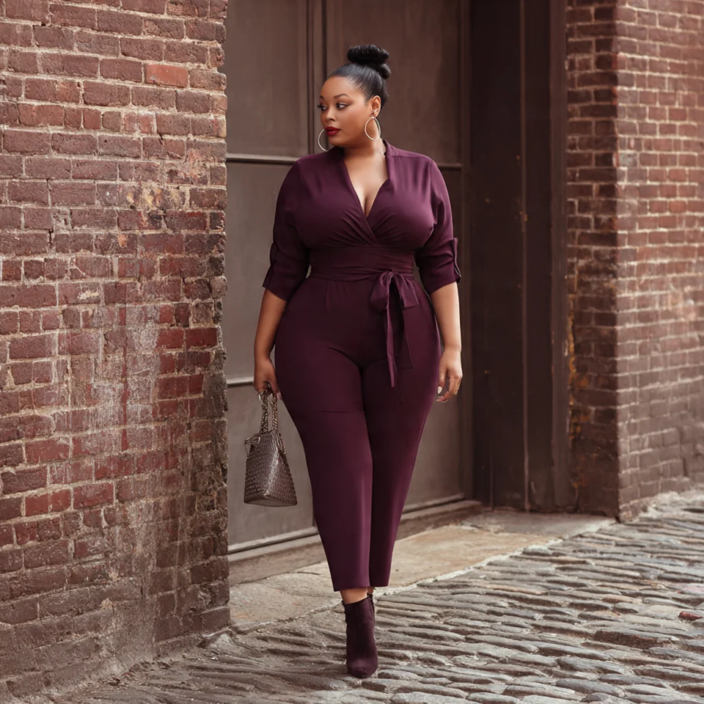 20 Best Curvy Fall Outfits to Rock This Season 17 Curvy Fall Outfits: Monochrome Jumpsuit with Belt