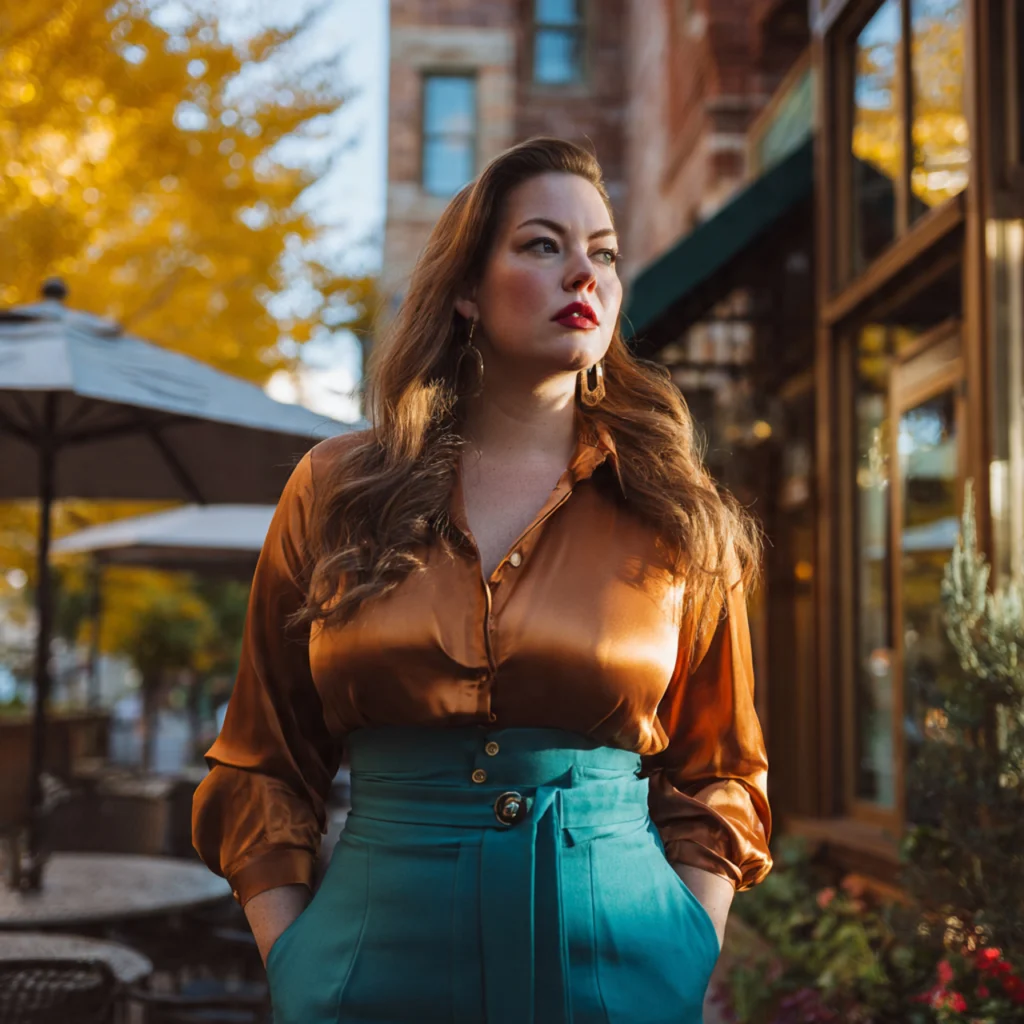 20 Best Curvy Fall Outfits to Rock This Season 19 Curvy Fall Outfits: Satin Blouse and Tailored Trousers